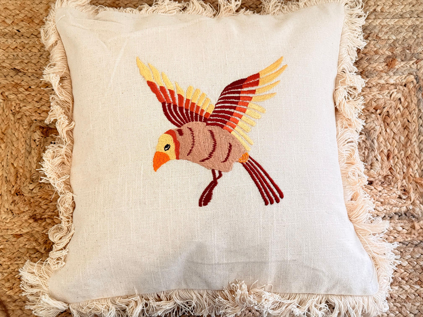Boho Frill Bird Decorative Cushion Cover – Embroidered Throw Pillow for Cozy Home Décor