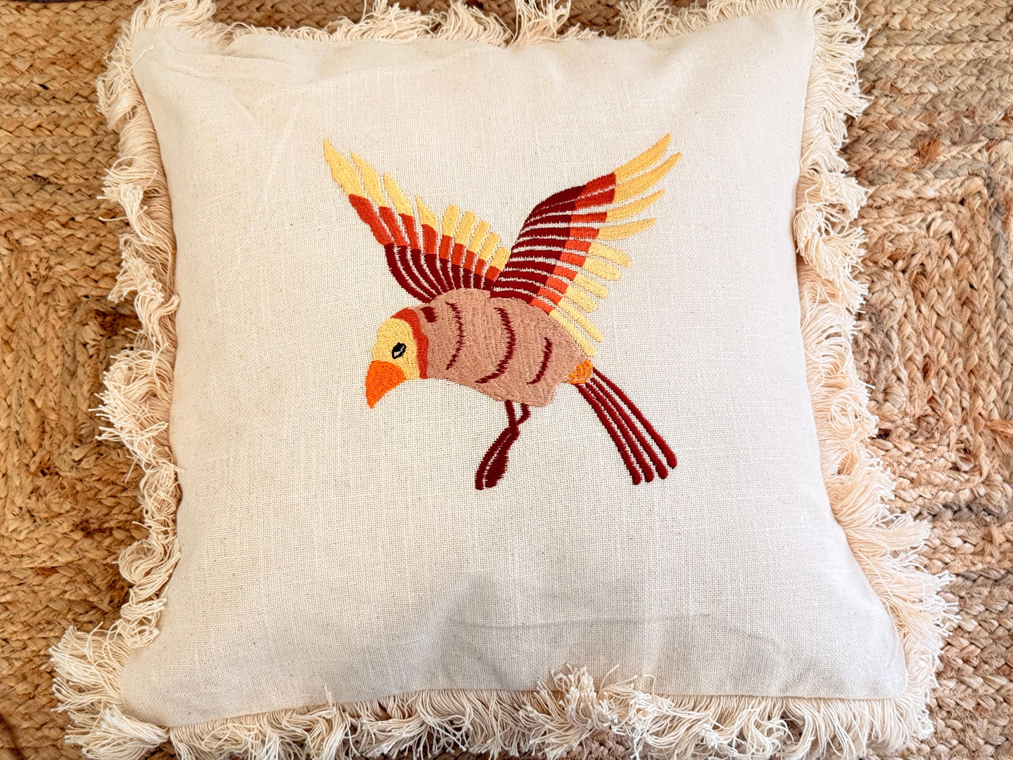 Boho Frill Bird Decorative Cushion Cover – Embroidered Throw Pillow for Cozy Home Décor