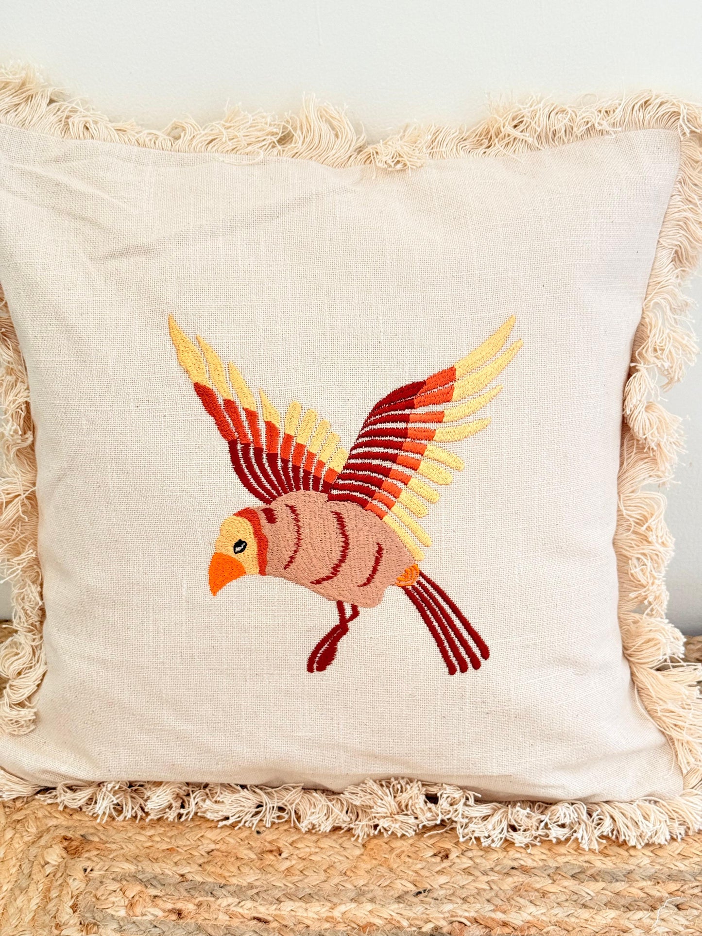 Boho Frill Bird Decorative Cushion Cover – Embroidered Throw Pillow for Cozy Home Décor