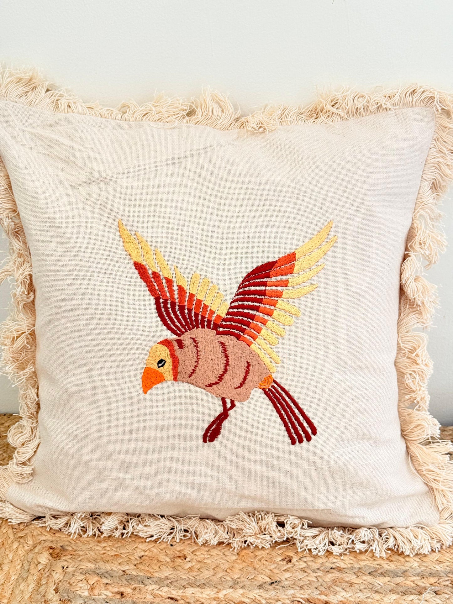 Boho Frill Bird Decorative Cushion Cover – Embroidered Throw Pillow for Cozy Home Décor