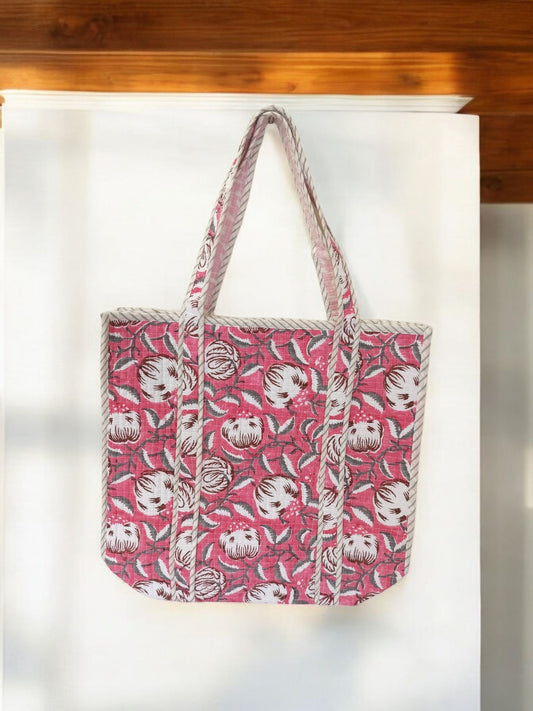 BLOCK N STYLE Pink Floral Cotton Printed Tote Bag – Quilted Handblock Women’s Shoulder and Shopping Bag