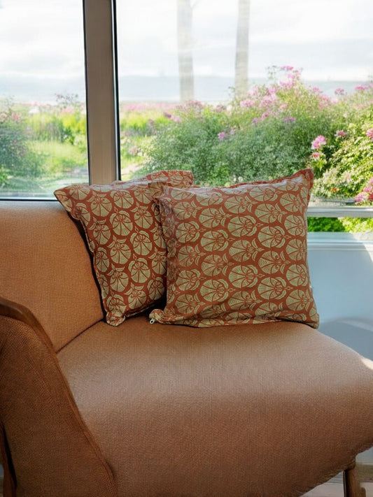 Dark Peach Cotton Printed Cushion Cover (Set of 2)