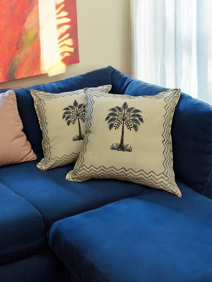 Handblock Cotton Cushion Covers (Blue Palm tree, Set of 2)