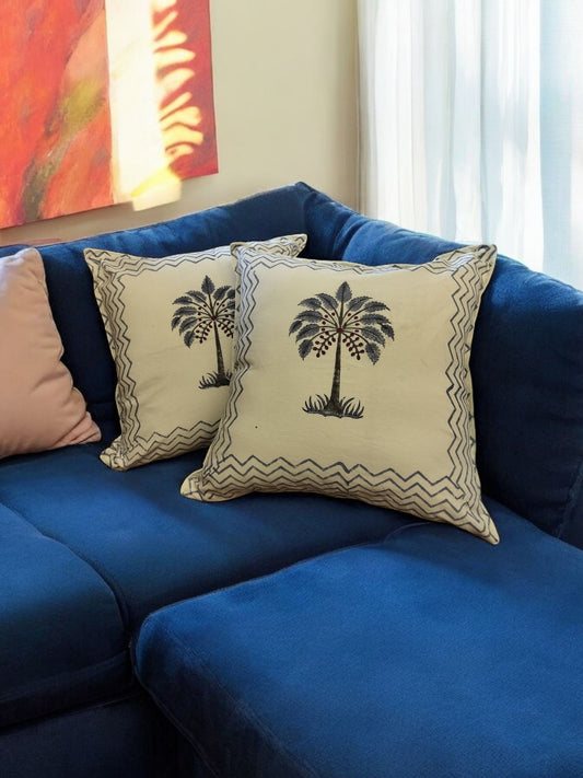 Handblock Cotton Cushion Covers (Blue Palm tree, Set of 2)