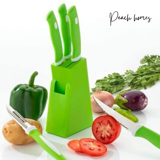 Plastic Kitchen Knife Set with Holder (5-Pieces)