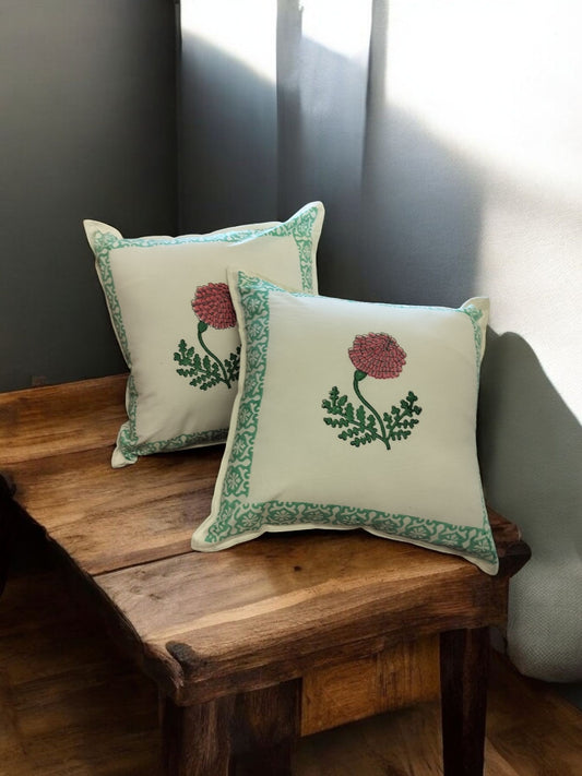 White and Green Floral Print Quilted Handblock Cushion Covers