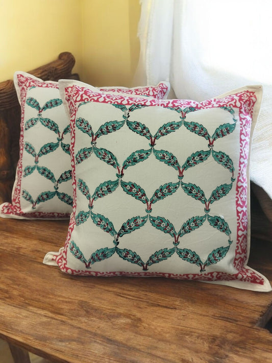 Green and Pink Handblock Cushion Covers – Set of 2