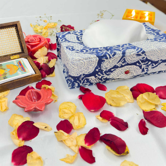 Dark Blue Floral Handblock Tissue Box