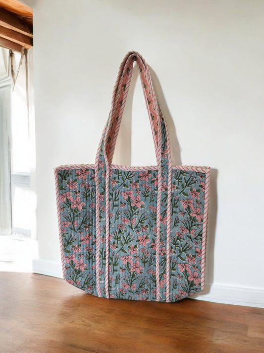 BLOCK N STYLE Sky Blue Floral Cotton Printed Tote Bag – Quilted Handblock Women’s Shoulder and Shopping Bag