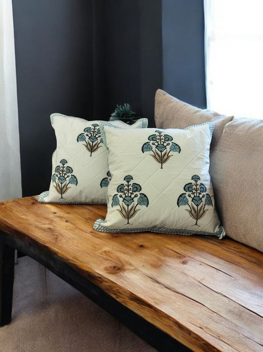 White Blue Quilted Handblock Printed Cushion Covers