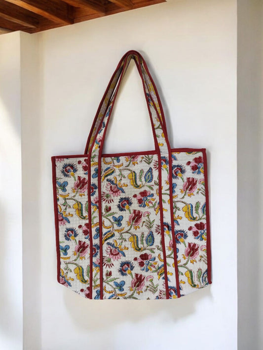BLOCK N STYLE White Red Floral Cotton Printed Tote Bag – Hand Block Quilted Floral Carry Bag for Women