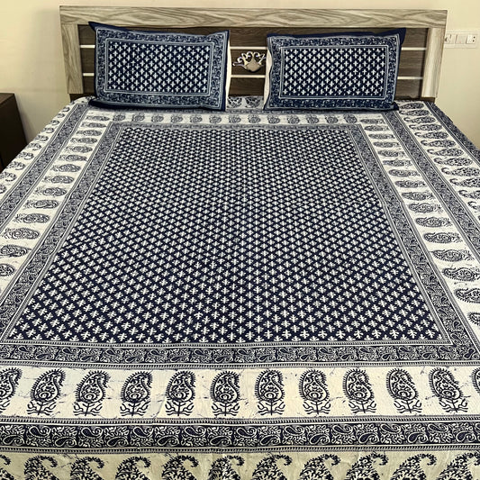 White Abstract Indigo Cotton Bedsheet