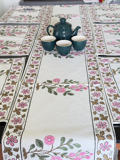 Green Pink Floral Pure Cotton Rajasthani Handblock Table Runner and Mat Set of 6