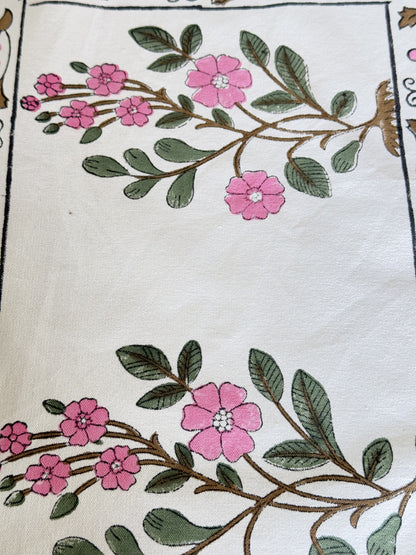 Green Pink Floral Pure Cotton Rajasthani Handblock Table Runner and Mat Set of 6