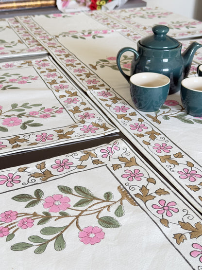Green Pink Floral Pure Cotton Rajasthani Handblock Table Runner and Mat Set of 6