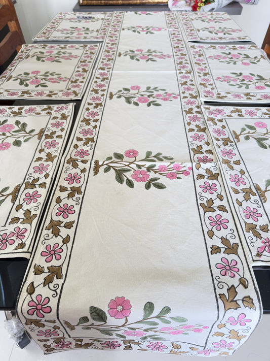 Green Pink Floral Pure Cotton Rajasthani Handblock Table Runner and Mat Set of 6