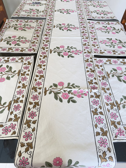 Green Pink Floral Pure Cotton Rajasthani Handblock Table Runner and Mat Set of 6