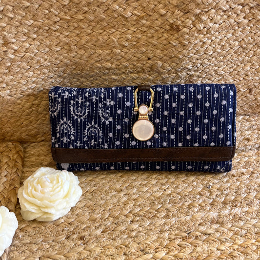 Women Blue White Ethnic Handblock Printed Vegan Leather Wallet
