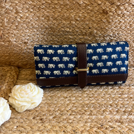 Women Blue Elephant Ethnic Handblock Printed Vegan Leather Wallet