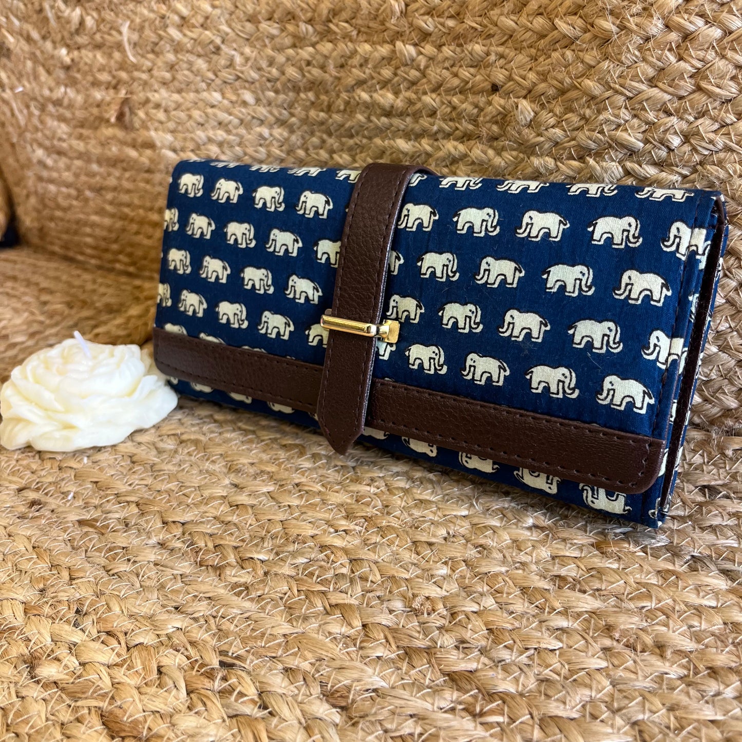 Women Blue Elephant Ethnic Handblock Printed Vegan Leather Wallet