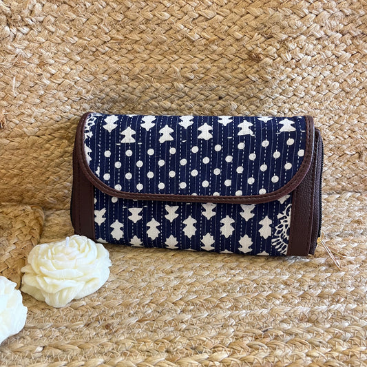 Women Dark Blue Ethnic Handblock Printed Zip Around Vegan Leather Wallet