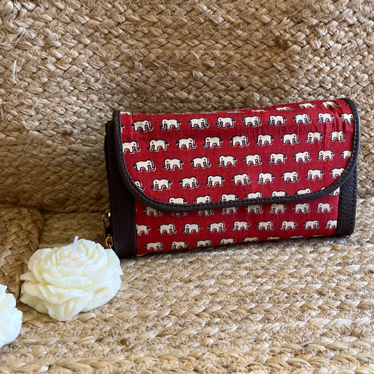 Women Red Elephant Ethnic Handblock Printed Zip Around Vegan Leather Wallet