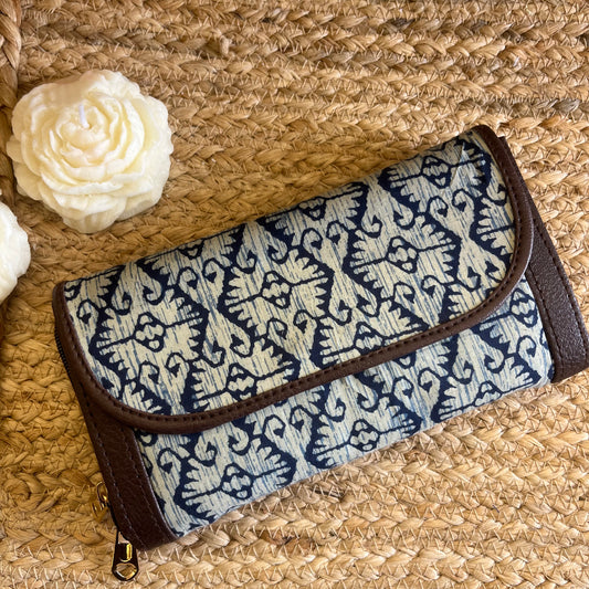 Women Blue Abstract Ethnic Handblock Printed Zip Around Vegan Leather Wallet