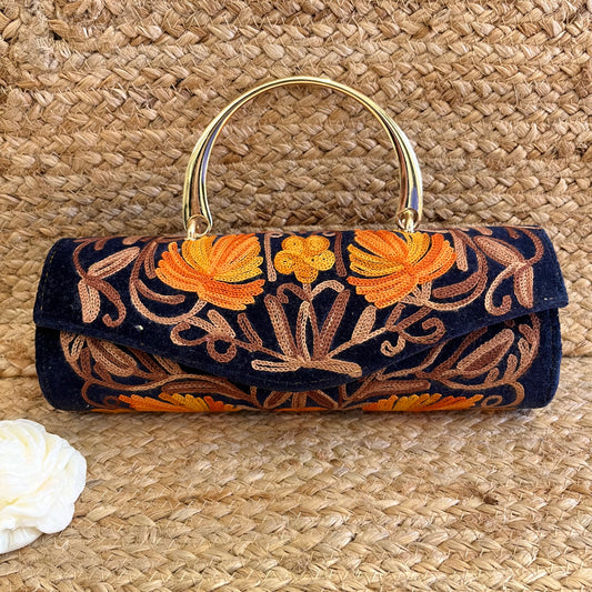 Navy Blue Premium Kashmiri Velvet Embroidered Clutch