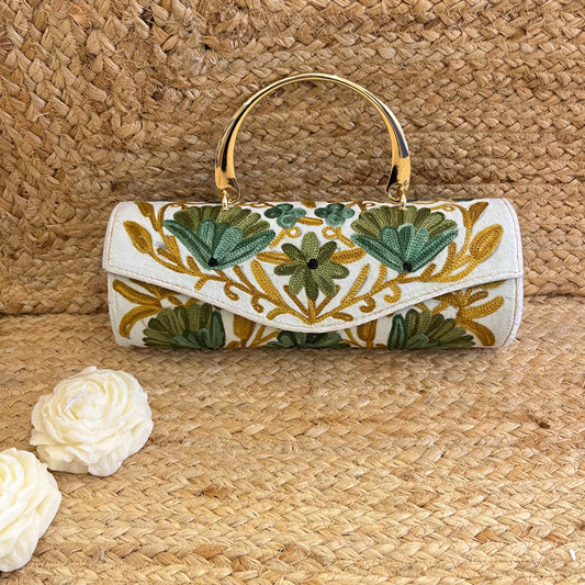 Snow White Green Floral Premium Kashmiri Velvet Embroidered Clutch