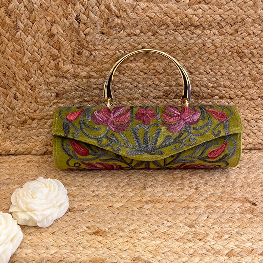 Olive Green Premium Kashmiri Velvet Embroidered Clutch