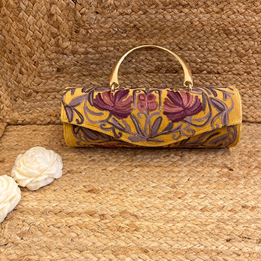 Mustard Yellow Premium Kashmiri Velvet Embroidered Clutch