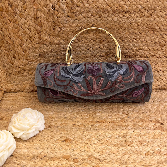 Grey Premium Kashmiri Velvet Embroidered Clutch