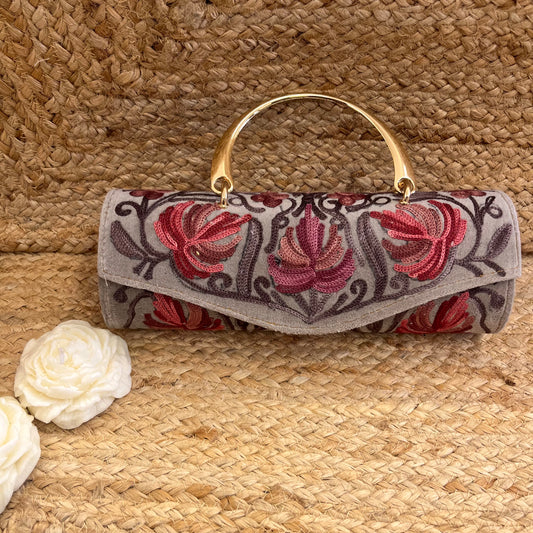 Light Grey Pink Floral Premium Kashmiri Velvet Embroidered Clutch