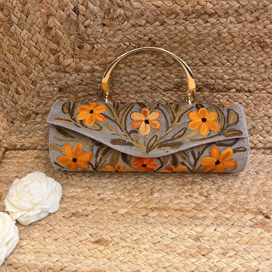 Grey Orange Floral Premium Kashmiri Velvet Embroidered Clutch