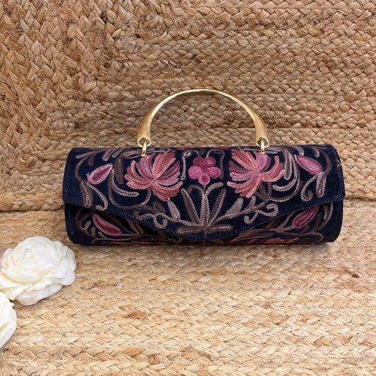 Blue Pink Floral Premium Kashmiri Velvet Embroidered Clutch