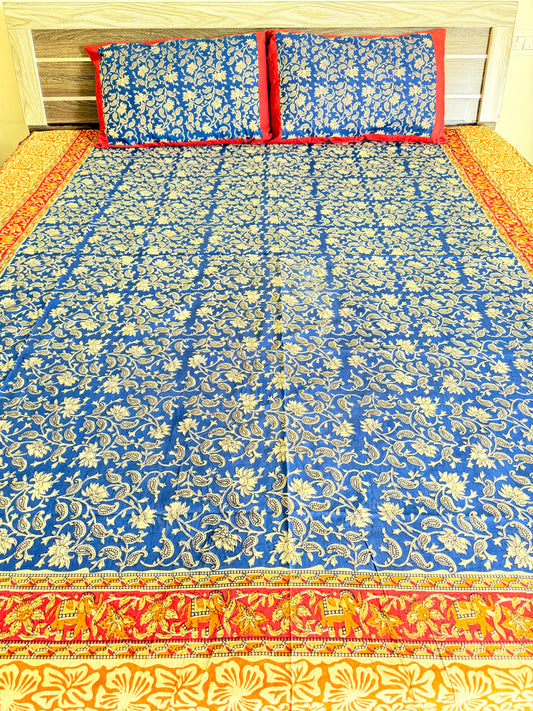 Blue Kalamkari King Size Bedsheet with 2 Pillow covers