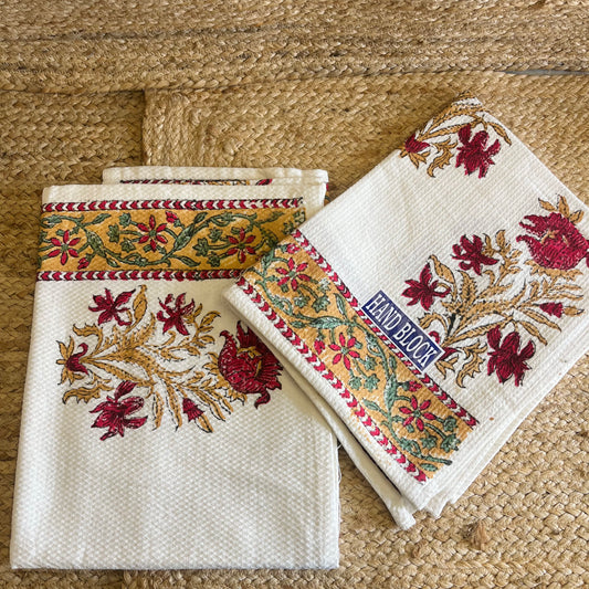 Red Golden Plant Handblock Waffle Cotton Towel Set