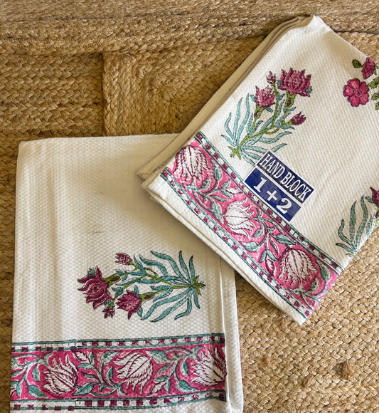 Pink Floral Handblock Waffle Cotton Towel Set