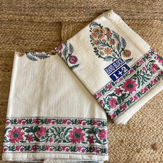 Pink Garden Handblock Waffle Cotton Towel Set