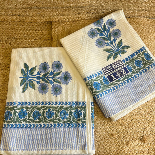 Blue Marigold Handblock Waffle Cotton Towel Set