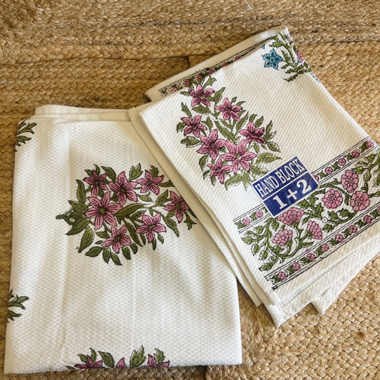 Blue Pink Floral Handblock Waffle Cotton Towel Set