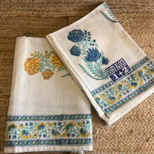 Mustard Yellow and Blue Plant Handblock Waffle Cotton Towel Set