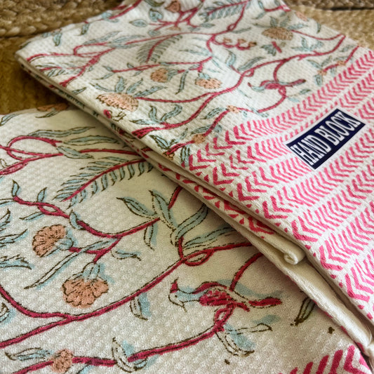 Pink Paradise Handblock Waffle Cotton Towel Set