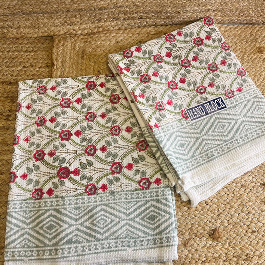 Red Floral Handblock Waffle Cotton Towel Set