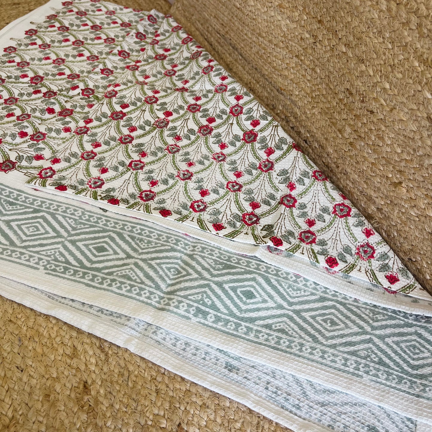 Red Floral Handblock Waffle Cotton Towel Set