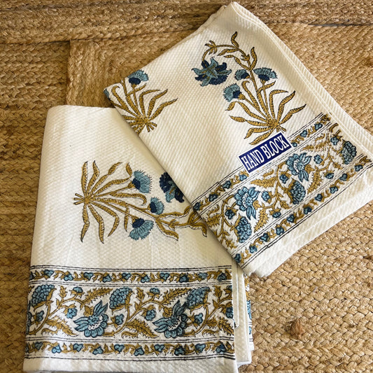 Dark Blue Abstract Plant Handblock Waffle Cotton Towel Set