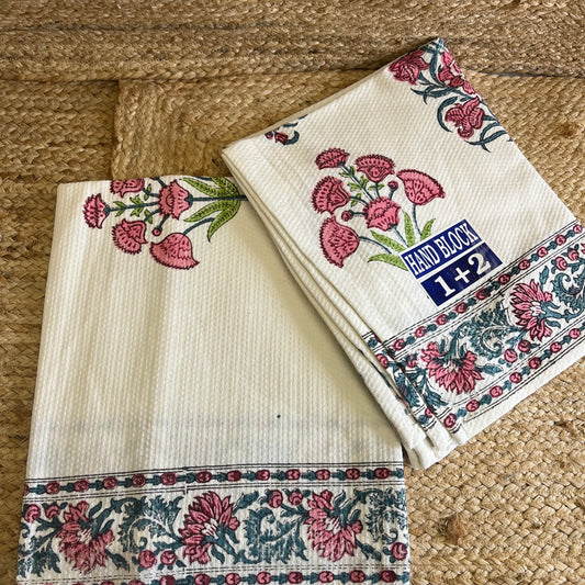 Baby Pink Flowers Handblock Waffle Cotton Towel Set