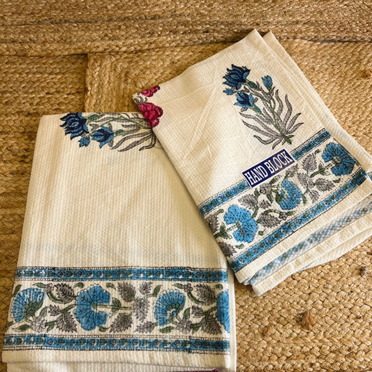 Pink Blue Flowers Handblock Waffle Cotton Towel Set