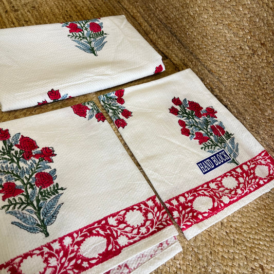 Red Roses Handblock Waffle Cotton Towel Set