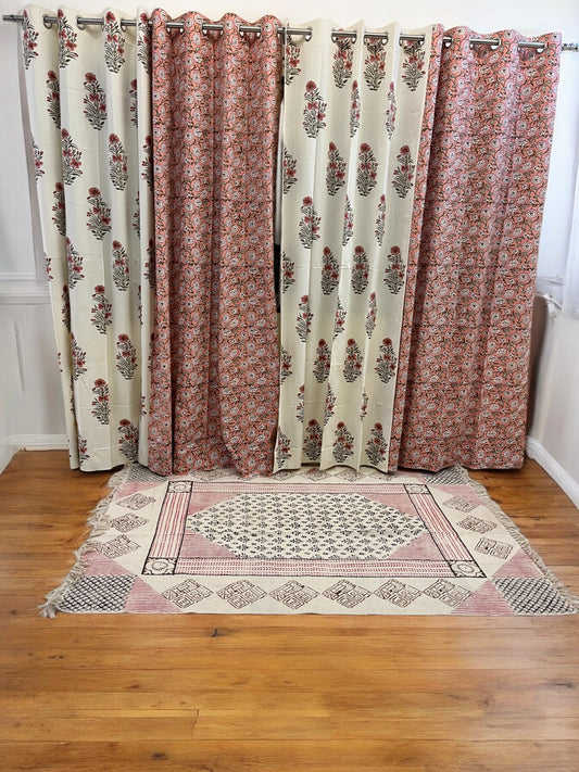 Beige Handblock Floral Cotton Curtains (7 Ft set of 2)